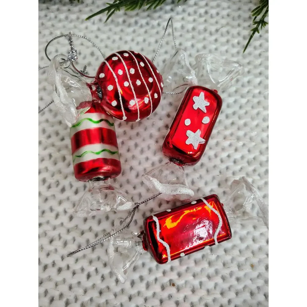 Set of 4 Vintage Glass Candy Ornaments – Red, White & Green Christmas Set